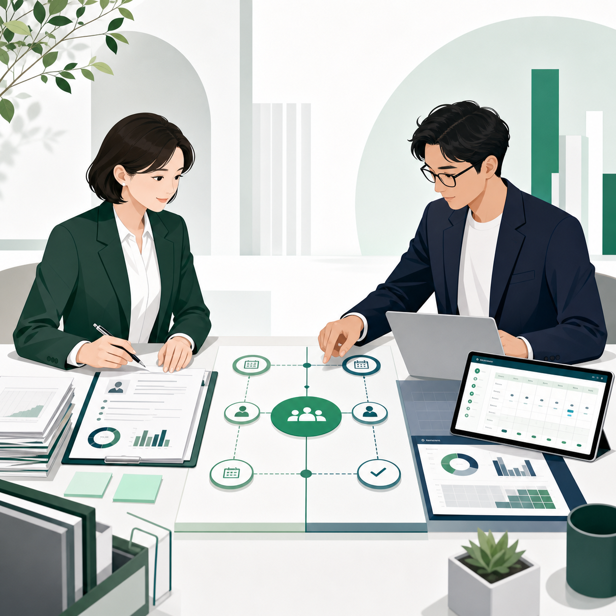労務とシステムの専門家が、同じ業務フローを見ながら連携しているイラスト