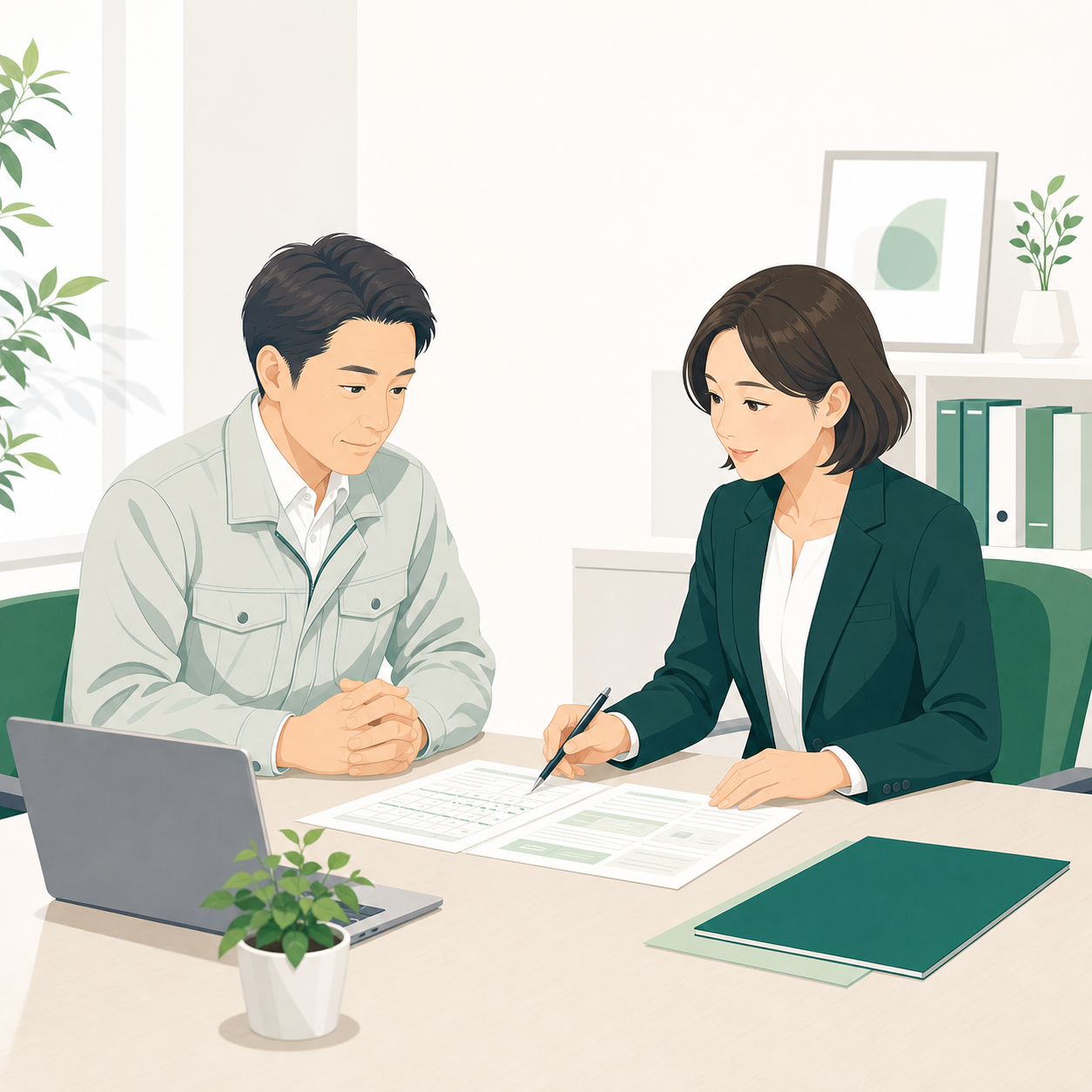 経営者と社会保険労務士が、勤怠資料を見ながら相談しているイラスト